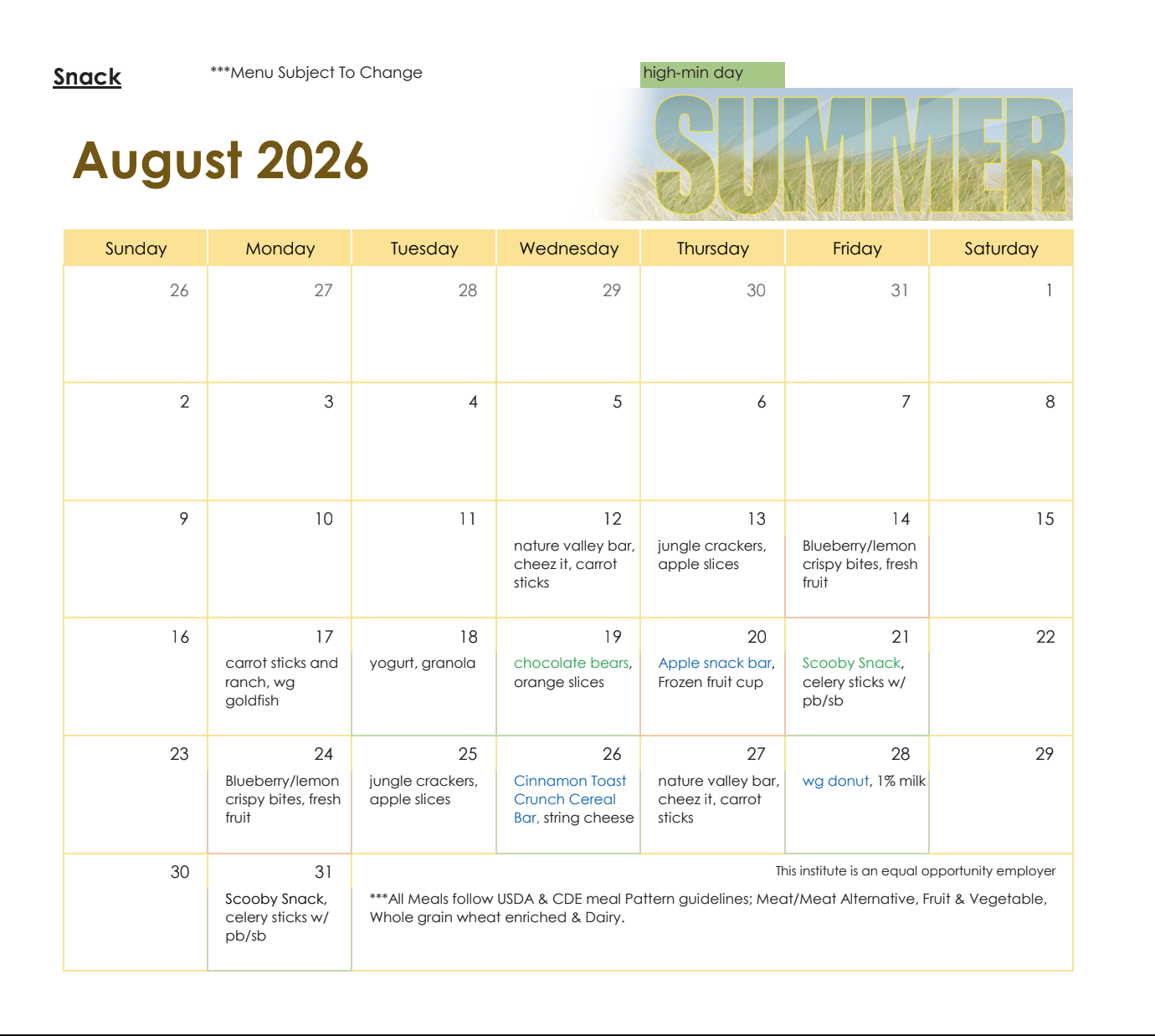 Snack Menu August 2026